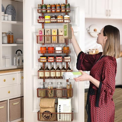 Moforoco Over The Door Pantry Organizer, Pantry Door Organizer Shelves, Kitchen Organizers and Storage, Hanging Basket Wall Spice Rack Seasoning Shelves, Laundry Room Bathroom accessories（Brown ）