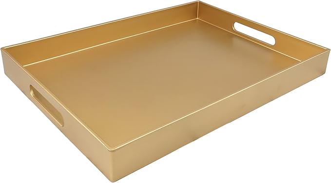 Gold Serving Tray for Coffee Table, Rectangular Plastic Decorative Tray with Handles for Entertaining, Outdoor Patio, Living Room, Ottoman, Bathroom Counter, 11.8”*15.7”*1.6”