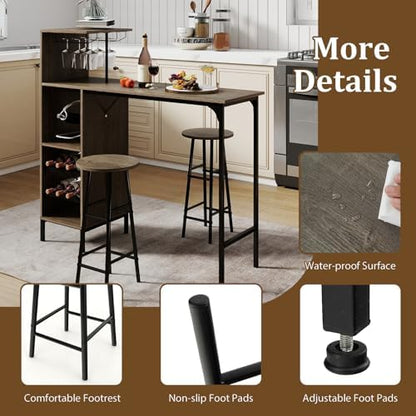 COSTWAY 3 Pieces Bar Table and Chair Set, Industrial Pub Table & Stools