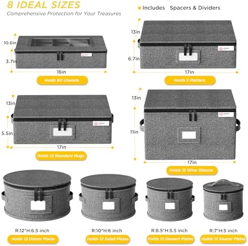 YearningHome China Storage Containers Hard Shell,Moving Boxes for Mugs,Wine Glassess,Plates,Sausers,Utensils and Dinnerware, Sturdy Dish Organizer with Felt Dividers,8-Piece Set,Grey