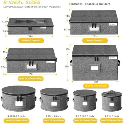 YearningHome China Storage Containers Hard Shell,Moving Boxes for Mugs,Wine Glassess,Plates,Sausers,Utensils and Dinnerware, Sturdy Dish Organizer with Felt Dividers,8-Piece Set,Grey