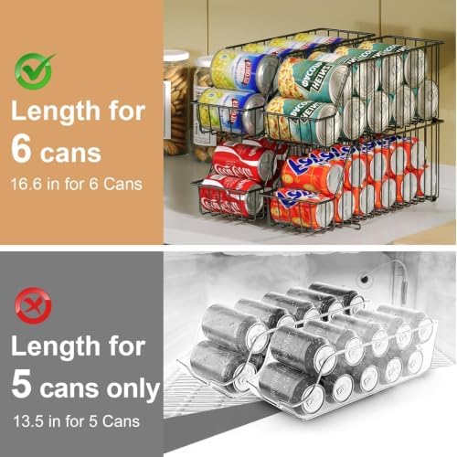 6 Pack Can Storage Organizer for Pantry, Stackble Lengthen Can Holder Rack，Max Can Dispensers & Canned Goods Organizer Baskets For Various Soup Soda Canned Food Drinks, Hold More 66 Cans, Black