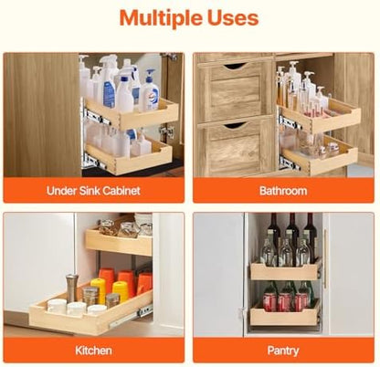 VEVOR 2 Tier Pull Out Cabinet Organizer, 14" W x 21" D Cabinet Drawer, Soft Close Slide out Shelf, Heavy-Duty Sliding Wood Drawer, Adjustable Base Cabinet Organization for Kitchen Pantry Bathroom