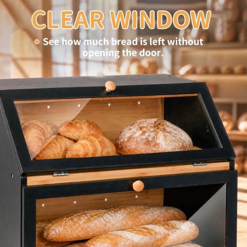 HOMEKOKO Double Layer Wooden Bread Box, Keep Bread Fresh Longer, Black