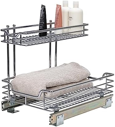 Household Essentials Glidez 2‑Tier Multipurpose Chrome‑Plated Steel Pull‑Out/Slide‑Out Under Sink Organizer, Chrome Finish
