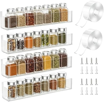 PMMASTO Adhesive Acrylic Spice Rack, Clear- 4 Pack with 2 Tapes