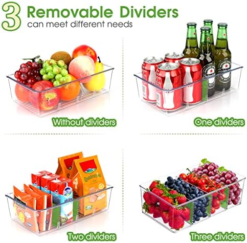 ZIZOTI Snack Organizer for Pantry Shelf, 4 Pack Clear Plastic Pantry Storage Bins with 3 Dividers for Snacks, Spices, Chips Food Organizer, Stackable Pantry Organizers for Kitchen, Fridge, Cabinet