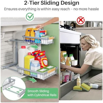 Kitstorack Under Sink Organizer, 2 Tier Under the Sink Storage, Slide out Pull out Cabinet Organizer Shelf, Metal Sliding Drawer for Kitchen Bathroom Pantry Closet Organization Rack, Grey, 2 Pack