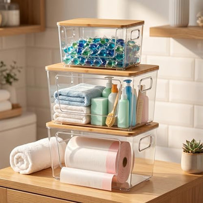 spospo 3 Pack Trash Bag Holder with Bamboo Lid Stackable Trashbag Dispenser