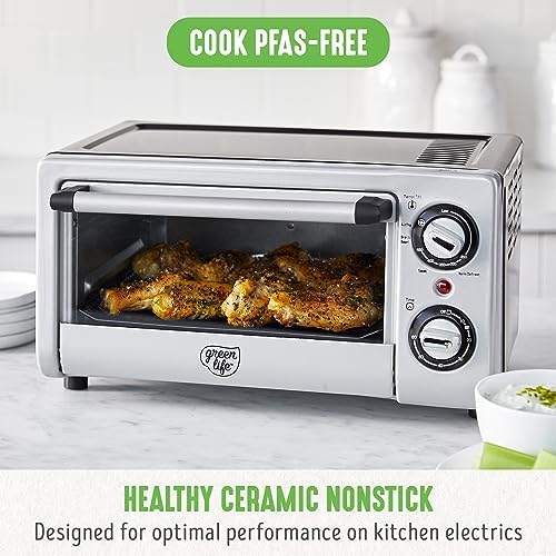 GreenLife Countertop Toaster Oven Air Fryer Stainless Steel, Healthy Ceramic Nonstick, PFAS Free, Tray & Basket, Bake, Broil, Reheat, Adjustable Temp & Time Control, Auto Shutoff, Black