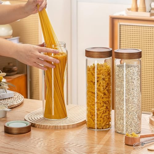 3 Pack Glass Pasta Storage Containers with Screw Wood Lid 70oz + 132 Labels