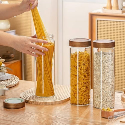 3 Pack Glass Pasta Storage Containers with Screw Wood Lid 70oz + 132 Labels