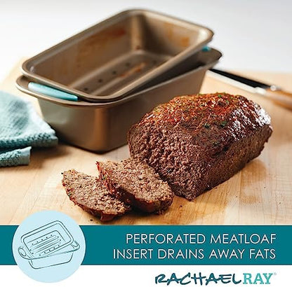 Rachael Ray 47578 Cucina Nonstick Bakeware Set with Grips Includes Nonstick Bread Pan, Baking Sheet, Cookie Sheet, Baking Pans, Cake Pan and Muffin Pan - 10 Piece, Latte Brown with Agave Blue Grips