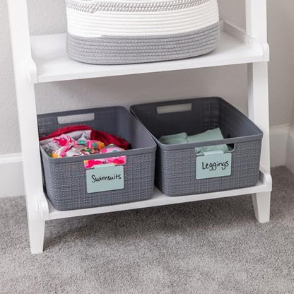 Hygge & Sage: Metal Bin Labels for Home Organization | Non-Slip Basket Clips for Storage Bins, Baskets, or Wire Racks | Includes 8 Labels, 8 Non-Slip Pads, and 2 Free Markers (Blue)