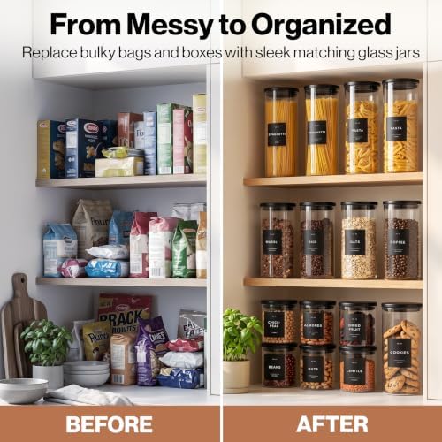 Glass Pantry Storage Jars Containers with Black Lids and Labels - Set of 5