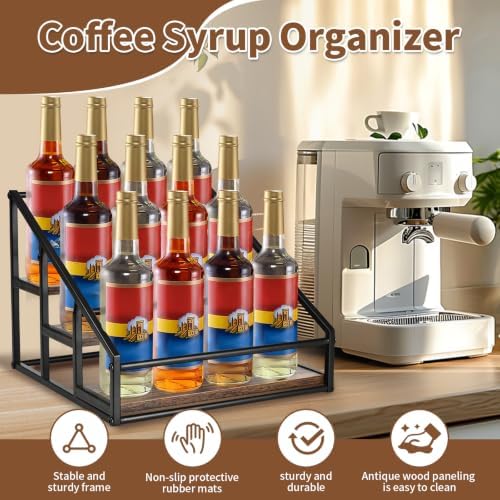 YQBRAO 3-Tier Coffee Syrup Organizer, 12-Bottle Rack, Rustic Brown