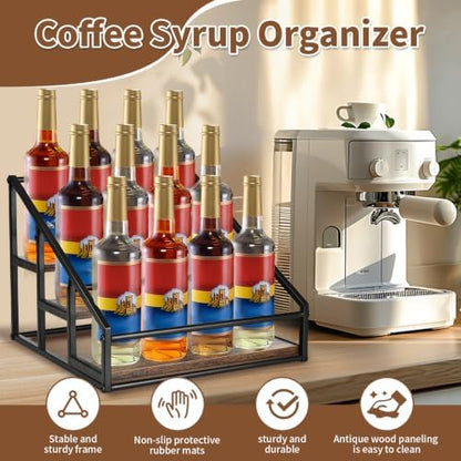 YQBRAO 3-Tier Coffee Syrup Organizer, 12-Bottle Rack, Rustic Brown