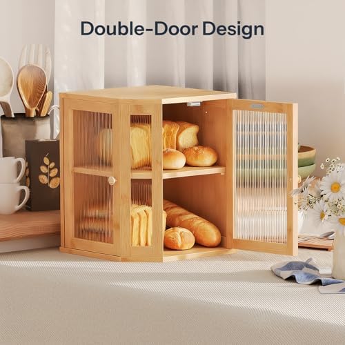 HOOBRO Bread Box, Bamboo Bread Box for Kitchen Countertop, 2-Tier Corner Bread Box, Large Capacity Bread Bin, Food Storage Box, Bread Storage Container for Kitchen, Dining Room, Natural YL12MB01