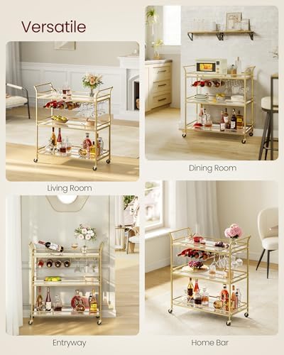 VASAGLE Bar Cart Gold, Large Home Bar Serving Cart with 3-Tier