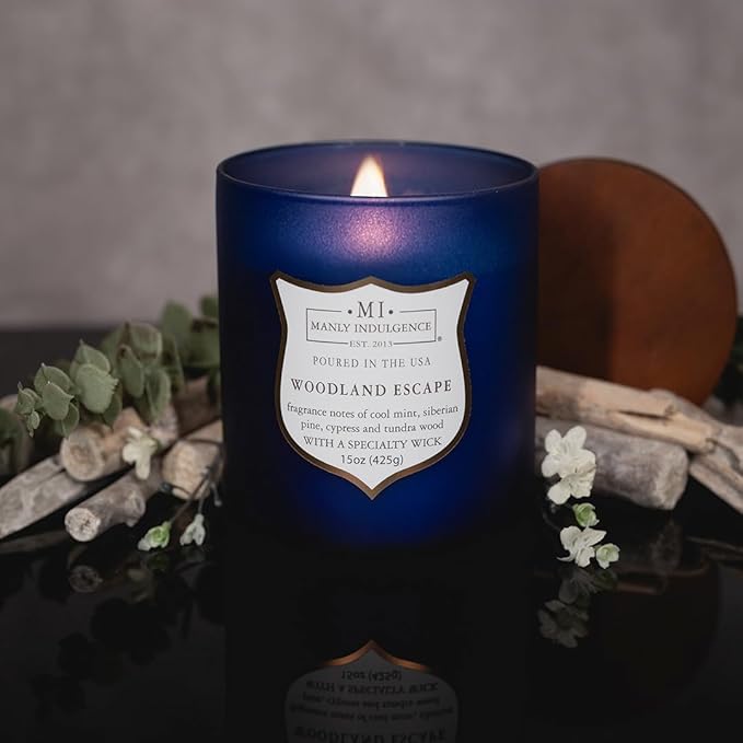 Manly Indulgence Woodland Escape Scented Candles for Men, 15 oz Wooden Wick, Premium Soy Blend Wax, 60H Burn, Candles for Home Scented - Made in The USA