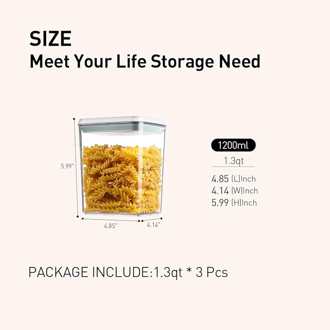 Airtight Food Storage Containers,1.3Qt 3Pcs Pop Food Containers with Lids, Stackable One Button Opening Kitchen Pantry Organizers and Storage, BPA-Free Food Containers Set for Snacks Candy Spices