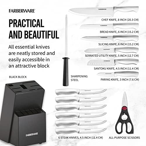 Farberware 15-Piece Kitchen Knife Set, High-Carbon Stainless Steel Blades with Wood Block, Steak Knives, Sharpening Tool & All-Purpose Shears, Razor Sharp, Ergonomic Stainless Steel Handles