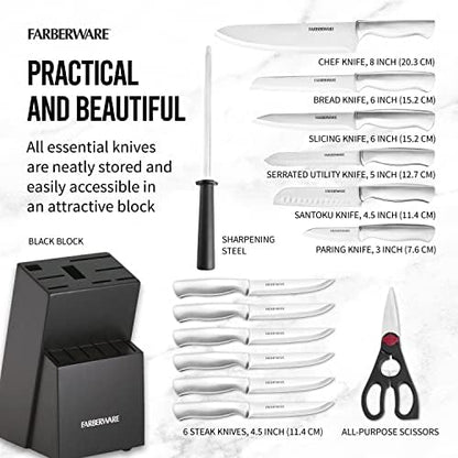 Farberware 15-Piece Kitchen Knife Set, High-Carbon Stainless Steel Blades with Wood Block, Steak Knives, Sharpening Tool & All-Purpose Shears, Razor Sharp, Ergonomic Stainless Steel Handles