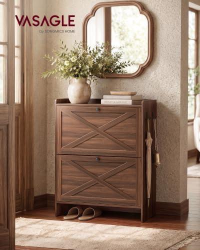 VASAGLE Narrow Shoe Storage Cabinet Organizer with 2 Flip Drawers