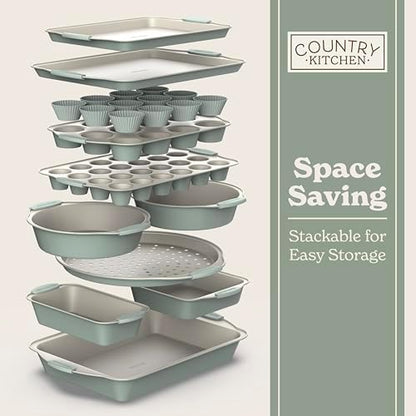 Country Kitchen Nonstick Stackable Bakeware Set - Durable, Easy Release Baking Set- 22 Pc. Includes Silicone Muffin Cups