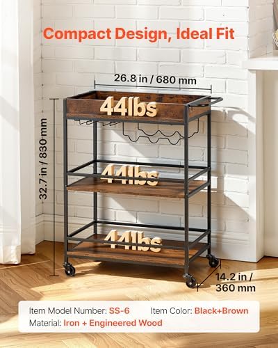VEVOR Bar Cart with Wheels, 3-Tier Rolling Serving Cart, 26.77-Inch Beverage Station with Wine Rack, Glass Holder and S Hooks for Home Kitchen, Rustic Brown and Black
