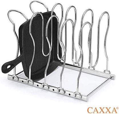 CAXXA Heavy Duty Pan Rack, Pot Lid Rack, Kitchen Cabinet Pantry Cookware Organizer Rack Holder with 5 Adjustable Dividers, Chrome (Pack of 2)