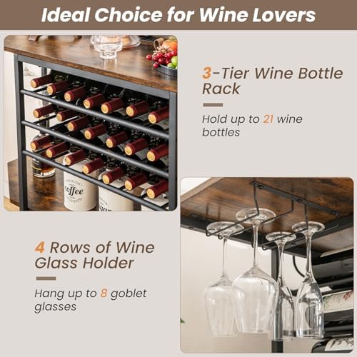 COSTWAY Wine Bar Cabinet, 3-Tier Liquor Cabinet with Power Outlets, Wine Bottle Racks, Glass Holders, Coffee Bar Cabinet, Freestanding Mini Bar Table for Kitchen, Dining Room, Pub (Rustic Brown)