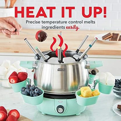 Dash Deluxe Fondue Maker - For Broth, Cheese & Chocolate - Comes with Color-Coded Fondue Forks, Cups, Rack & Recipe Guide - 3 Quarts, Aqua