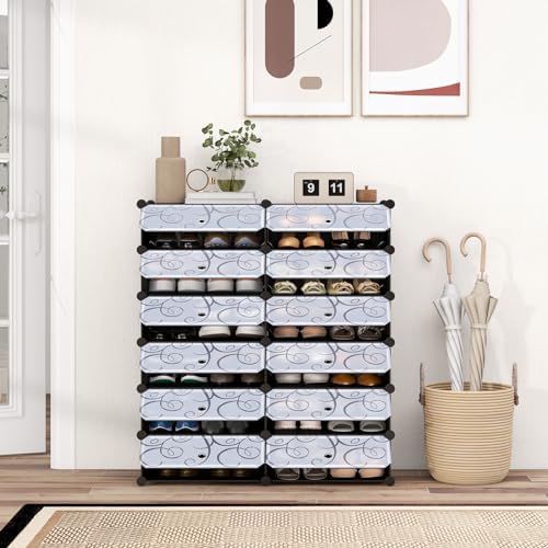 COSTWAY Shoe Rack Organizer, 6 Tier Shoe Shelves with Covers, DIY Design, 24-Pair Stackable Cube Organizer Boxes, Freestanding Shoe Cabinet for Entryway Bedroom Closet Hallway (Black)