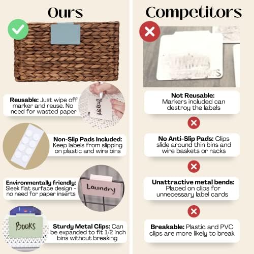 Hygge & Sage: Metal Bin Labels for Home Organization | Non-Slip Basket Clips for Storage Bins, Baskets, or Wire Racks | Includes 8 Labels, 8 Non-Slip Pads, and 2 Free Markers (Blue)