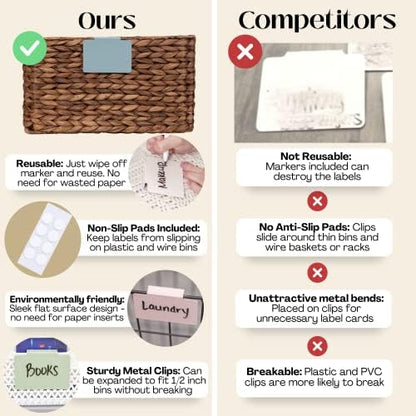 Hygge & Sage: Metal Bin Labels for Home Organization | Non-Slip Basket Clips for Storage Bins, Baskets, or Wire Racks | Includes 8 Labels, 8 Non-Slip Pads, and 2 Free Markers (Blue)