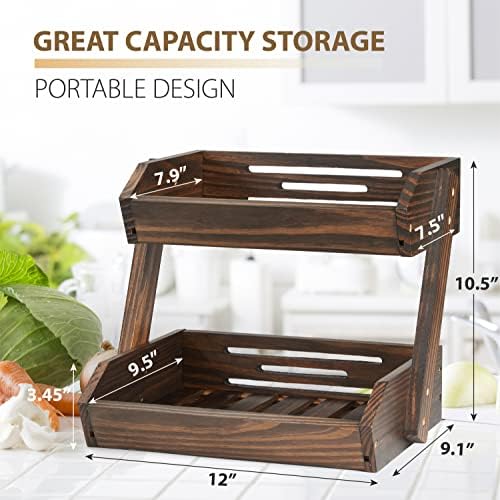 Large Capacity 2-Tier Wooden Fruit Basket, Durable Acacia Wood, 10.5" Tall, Spacious for Produce, Vegetables, Bread Storage and Home Kitchen Countertop