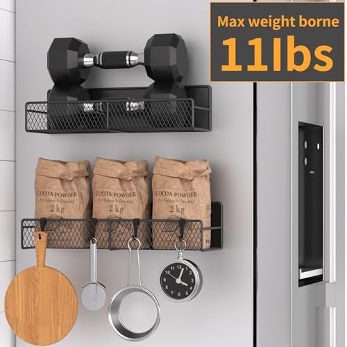 Magnetic Spice Rack for Refrigerator, 2 Pack Metal Magnetic Shelf Black, Moveable Spice Organizer with Hooks, Super Magnetic Fridge Shelf for Kitchen Organization and Storage