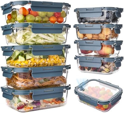 Liuruiyu 10 Pack Glass Food Storage Containers with Glass Lids, Airtight Meal Prep Containers, Leak-Proof Bento Boxes for Microwave, Oven, Freezer & Dishwasher, BPA-Free