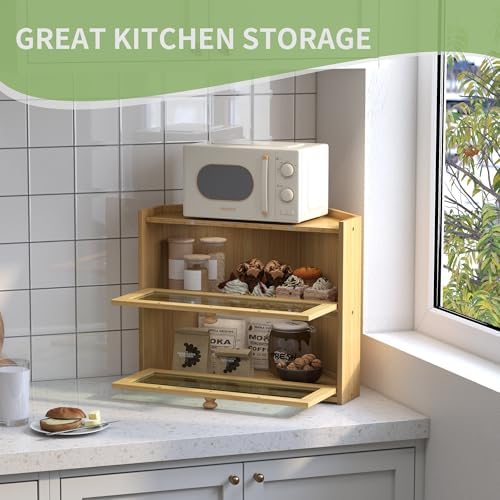 JANSNIMEN Corner Bread Box for Kitchen Countertop Bamboo Bread Holder