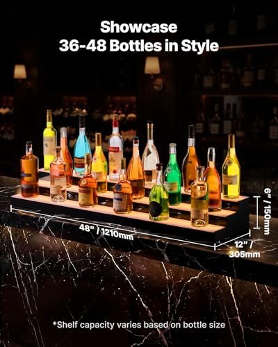 VEVOR LED Lighted Liquor Bottle Display, 3 Tiers 48 inches, Acrylic Illuminated Home Bar Shelf Display with RF Remote & App Control, DIY Setup with Type-C Cables, 9 Static Colors, for 36-48 Bottles