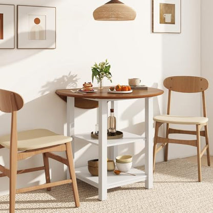 COSTWAY Folding Round Dining Table, Drop Leaf Table with 2 Shelves for Small Spaces, Foldable Office Table with 2-Layer Storage Rack, Versatile Console Table for Living Room, Dining Room, Kitchen
