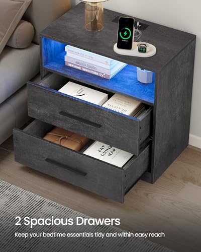 VASAGLE 23.6 Nightstands, LED Lights, Charging Station, 2 Drawers