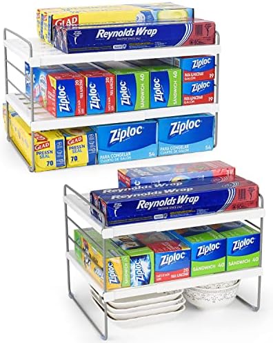 2 Pack Expandable Kitchen Wrap Organizer Rack, Height & Width Adjustable Aluminum Foil and Plastic Wrap Organizer for Pantry, Cabinet Food Wrap Organization and Storage - (3 Tier 9.8 to 15.6"L)