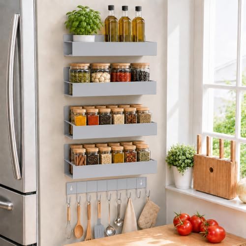 SMRCAD Metal Magnetic Spice Rack 4 Pack with Hook – Heavy-Duty