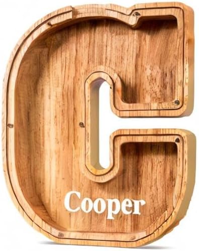 Summidate Customized Name Large Wooden Piggy Bank for Kids Boys Girls Alphabets Letter A-Z Coins Bills Money Change Bank Box Initial on Clear Cover (Laser Engraved) Educational Toys 9"- Letter C