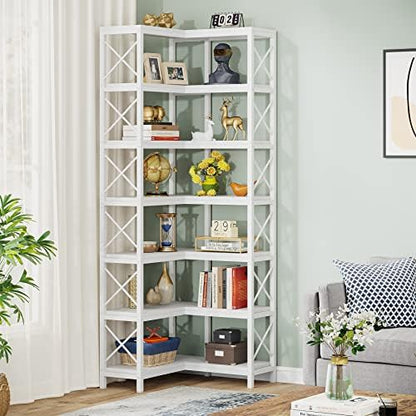 Tribesigns 7-Shelf Corner Bookshelf,Large Modern Corner Bookcase, 7-Tier Tall Corner Shelf Storage Display Rack with Metal Frame for Living Room Home Office (White)