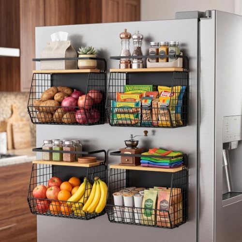 Ofiray-home Magnetic Shelf for Fridge with Wood Lid, Fruit Potato and Onion Storage Bins, Pantry Organizers & Storage, Large Container Magnetic Spice Rack for Refrigerator, Kitchen Counter (Black, 2)