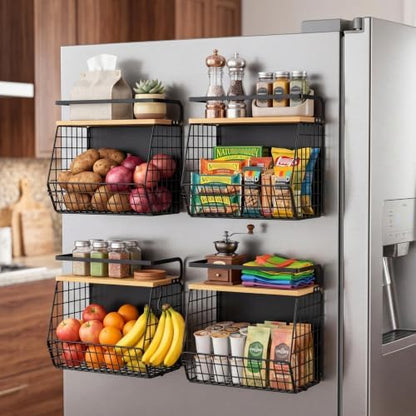 Ofiray-home Magnetic Shelf for Fridge with Wood Lid, Fruit Potato and Onion Storage Bins, Pantry Organizers & Storage, Large Container Magnetic Spice Rack for Refrigerator, Kitchen Counter (Black, 2)