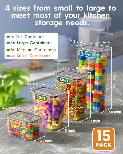 Airtight Food Storage Containers with Lids, 15 PCS Kitchen and Pantry Organization Canisters, BPA-Free, PVC-Free, Food-grade Plastic Leak-proof Jars for Cereal, Flour, Sugar, Extra 24 Labels & Marker